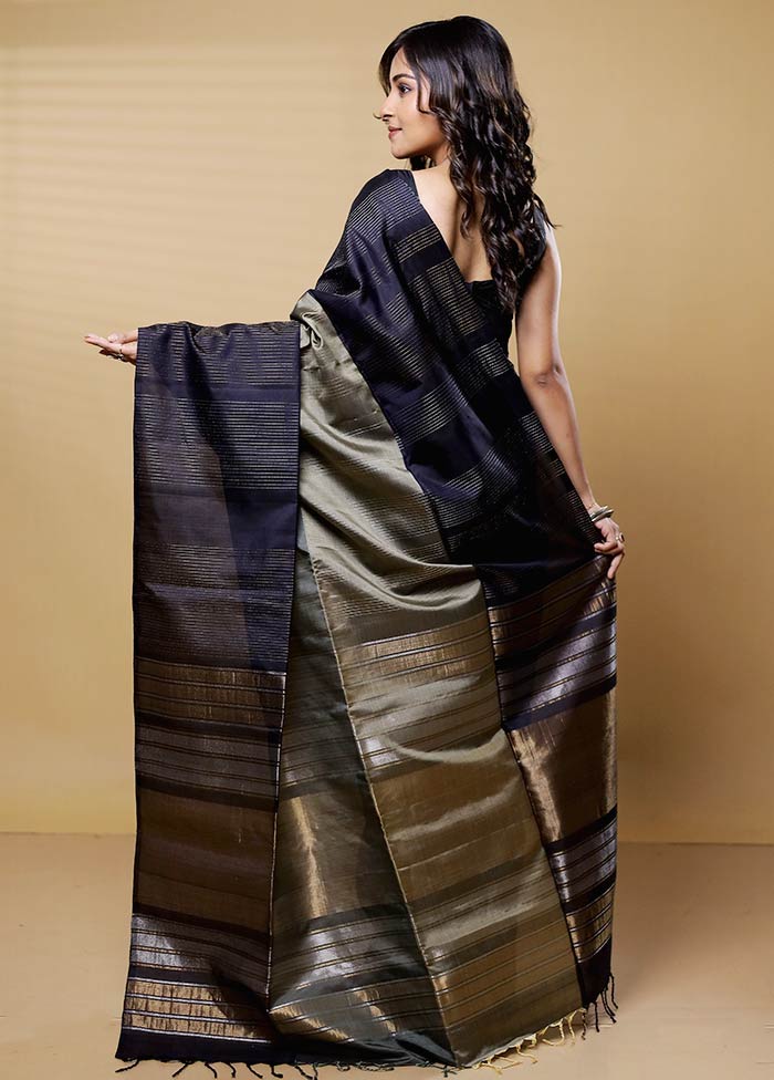 Black Handloom Kanchipuram Pure Silk Saree With Blouse Piece