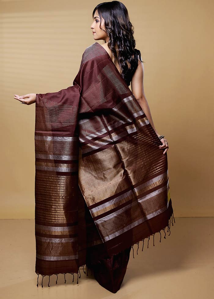 Brown Handloom Kanchipuram Pure Silk Saree With Blouse Piece