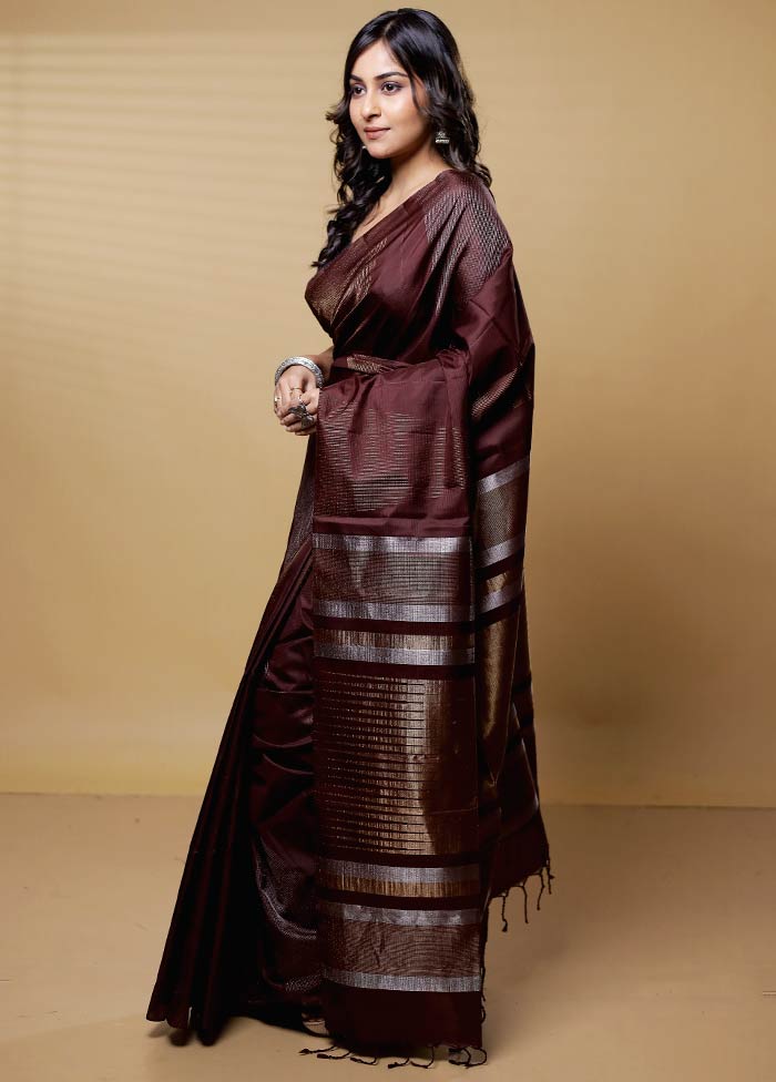 Brown Handloom Kanchipuram Pure Silk Saree With Blouse Piece