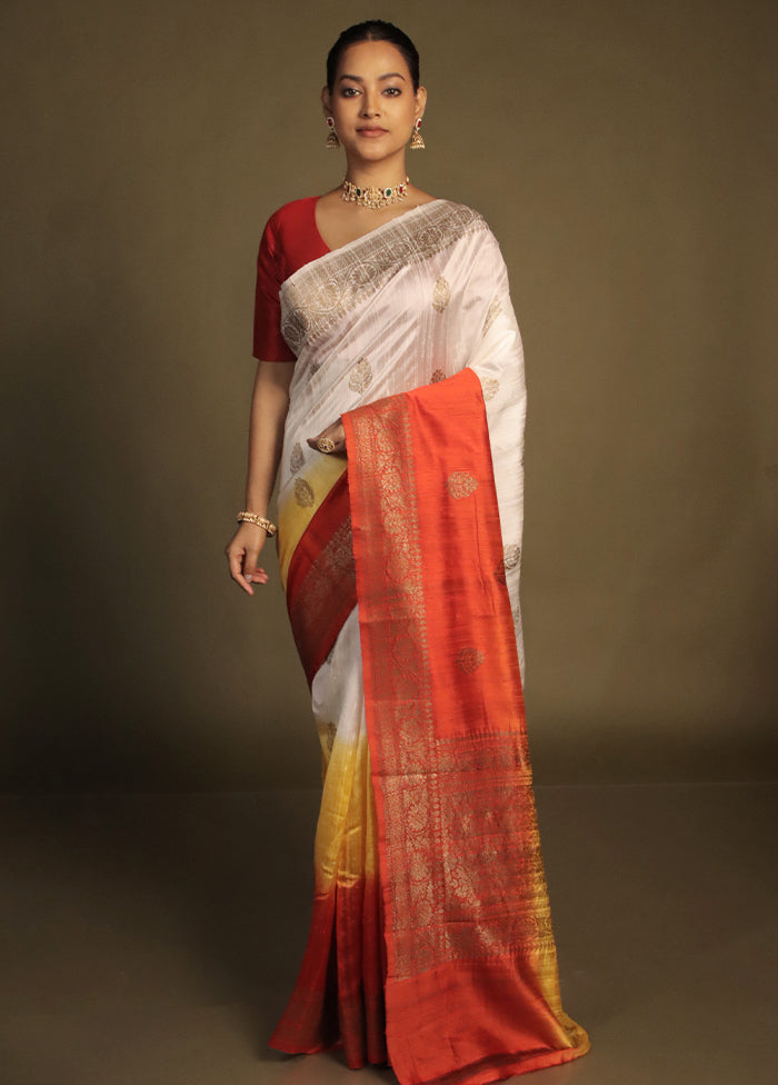 White Handloom Tussar Pure Silk Saree With Blouse Piece
