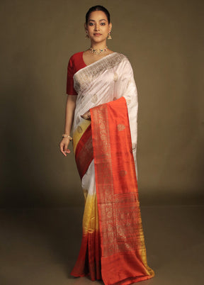 White Handloom Tussar Pure Silk Saree With Blouse Piece