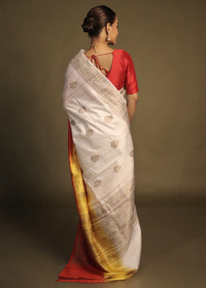 White Handloom Tussar Pure Silk Saree With Blouse Piece