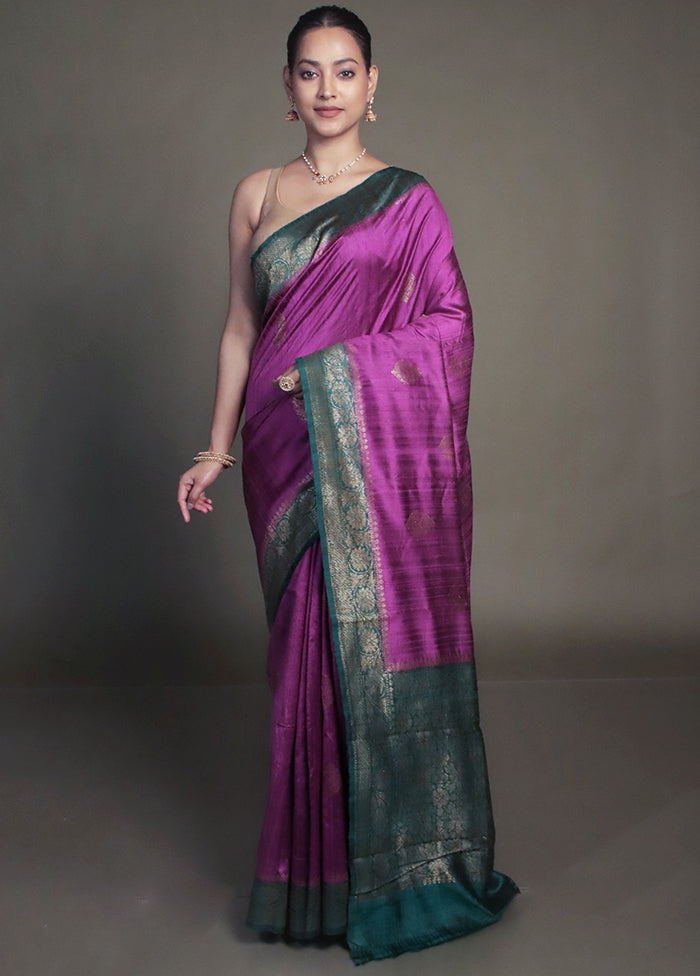 Purple Handloom Tussar Pure Silk Saree With Blouse Piece