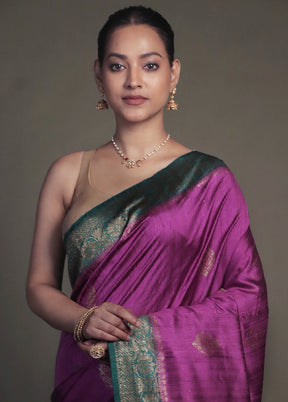 Purple Handloom Tussar Pure Silk Saree With Blouse Piece