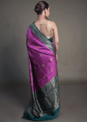 Purple Handloom Tussar Pure Silk Saree With Blouse Piece