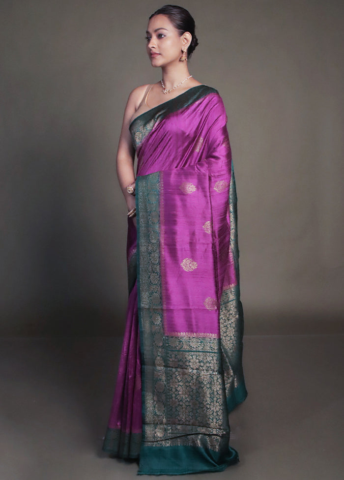 Purple Handloom Tussar Pure Silk Saree With Blouse Piece