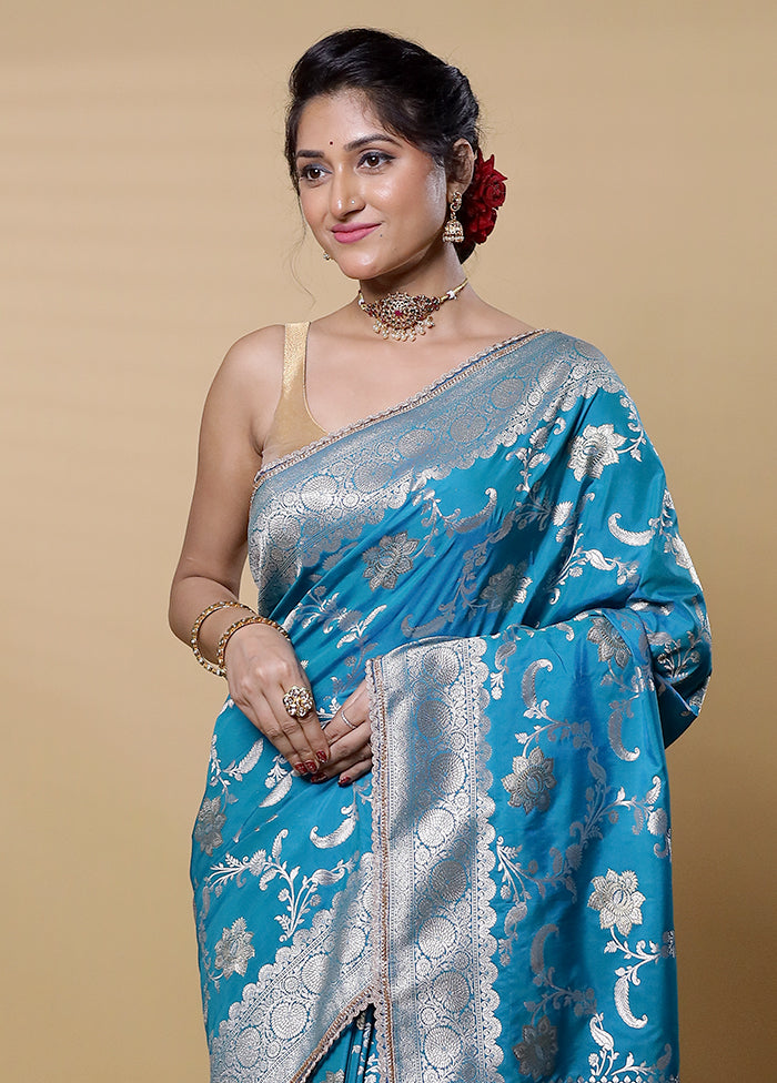 Blue Dupion Silk Saree With Blouse Piece