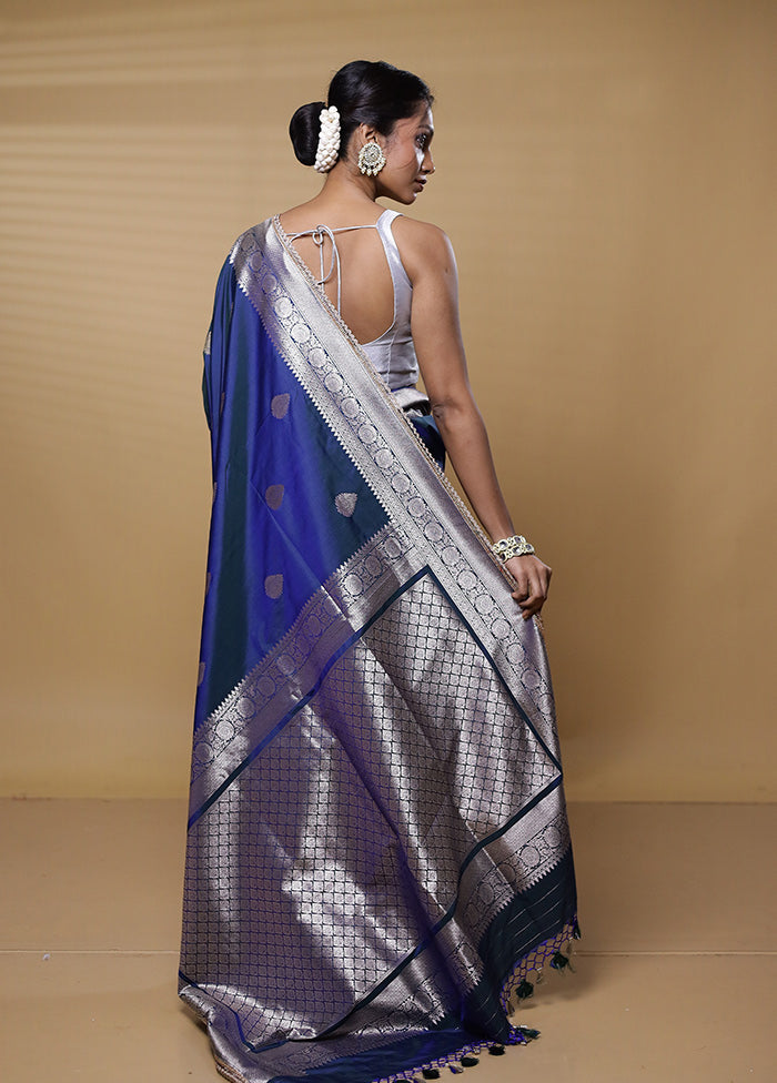 Blue Dupion Silk Saree With Blouse Piece