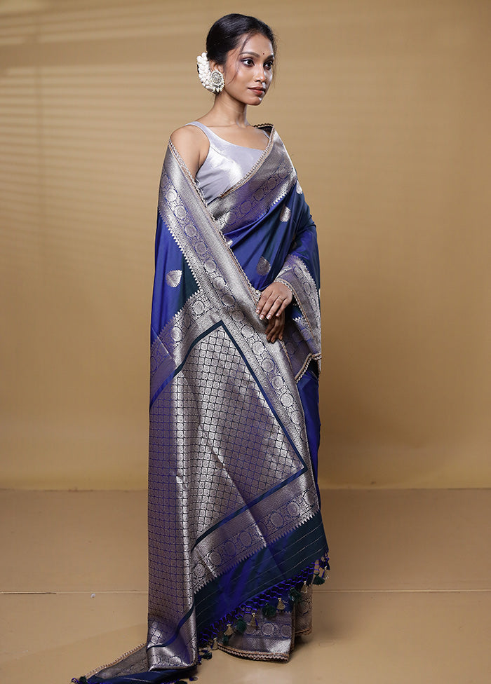 Blue Dupion Silk Saree With Blouse Piece