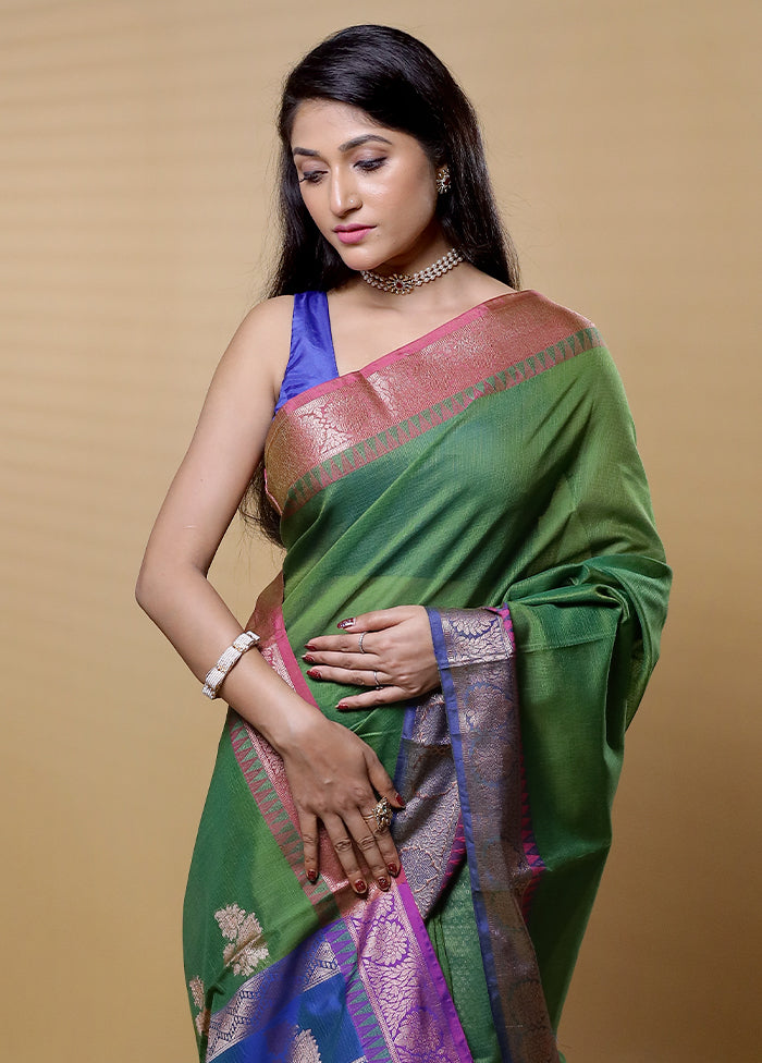 Green Kota Cotton Saree With Blouse Piece