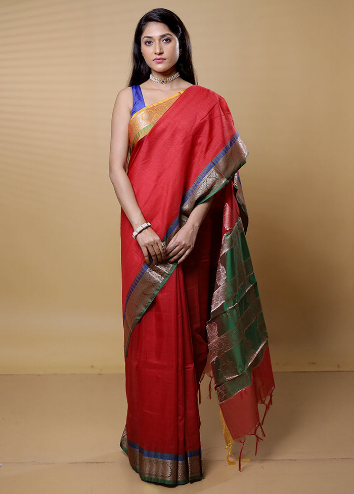 Red Kota Cotton Saree With Blouse Piece