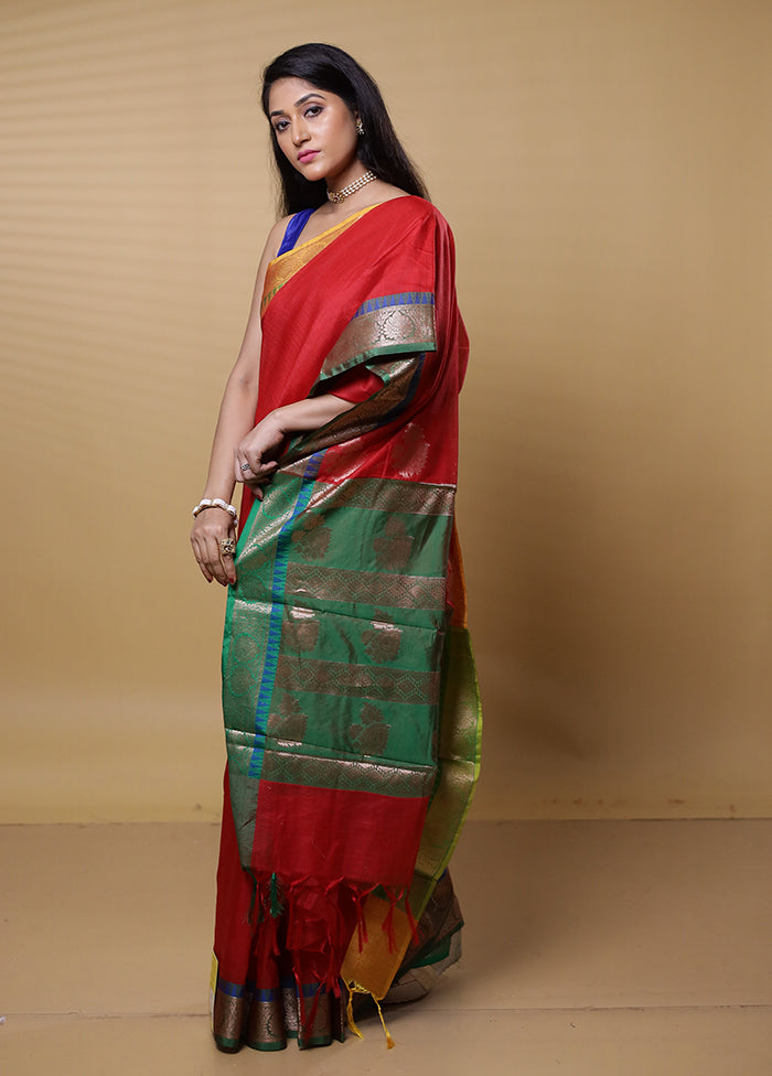 Red Kota Cotton Saree With Blouse Piece