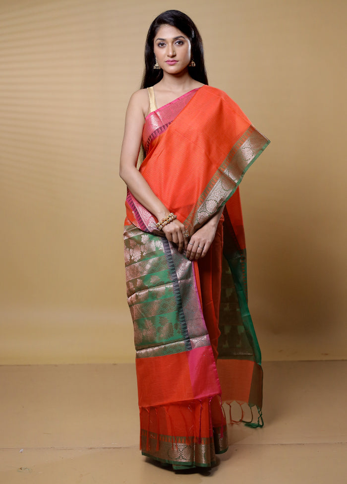 Orange Kota Cotton Saree With Blouse Piece