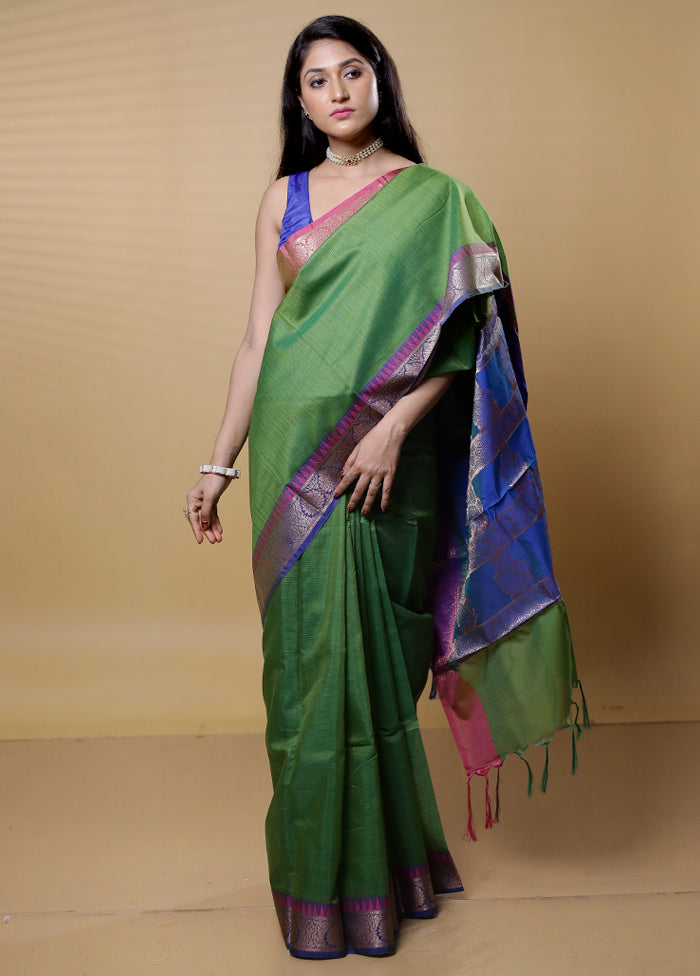 Green Kota Cotton Saree With Blouse Piece