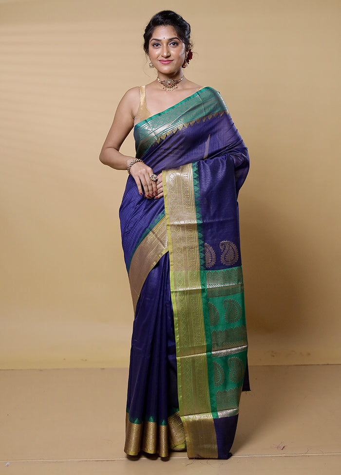 Blue Kota Cotton Saree With Blouse Piece