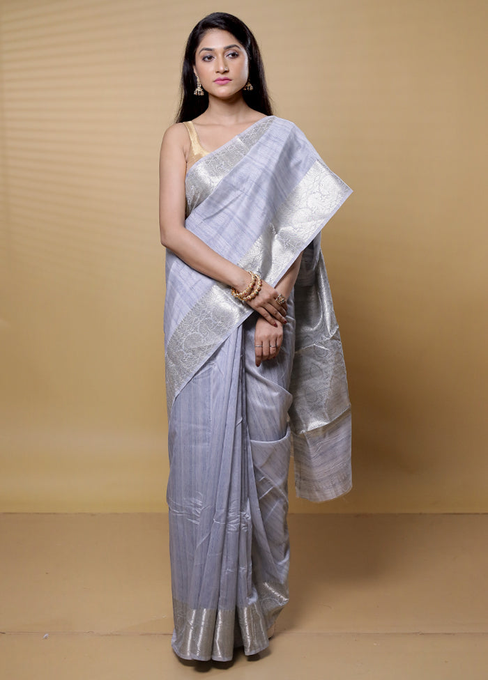 Grey Dupion Silk Saree With Blouse Piece