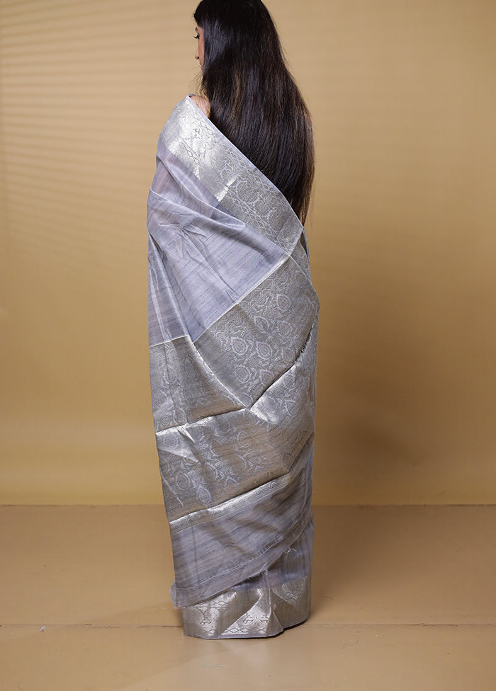 Grey Dupion Silk Saree With Blouse Piece