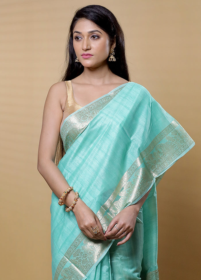 Green Dupion Silk Saree With Blouse Piece