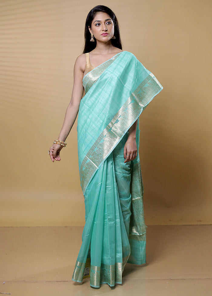 Green Dupion Silk Saree With Blouse Piece