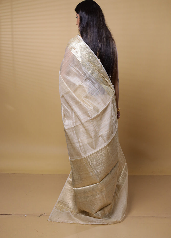 Cream Dupion Silk Saree With Blouse Piece