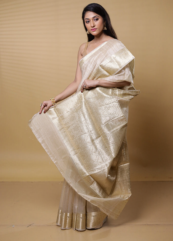 Cream Dupion Silk Saree With Blouse Piece