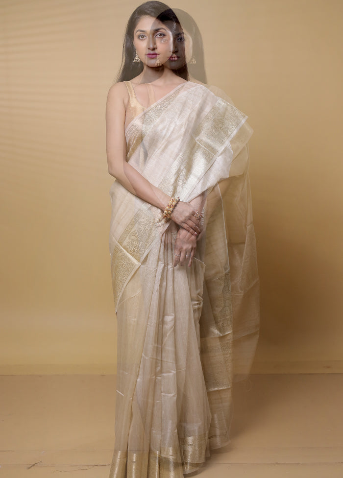 Cream Dupion Silk Saree With Blouse Piece