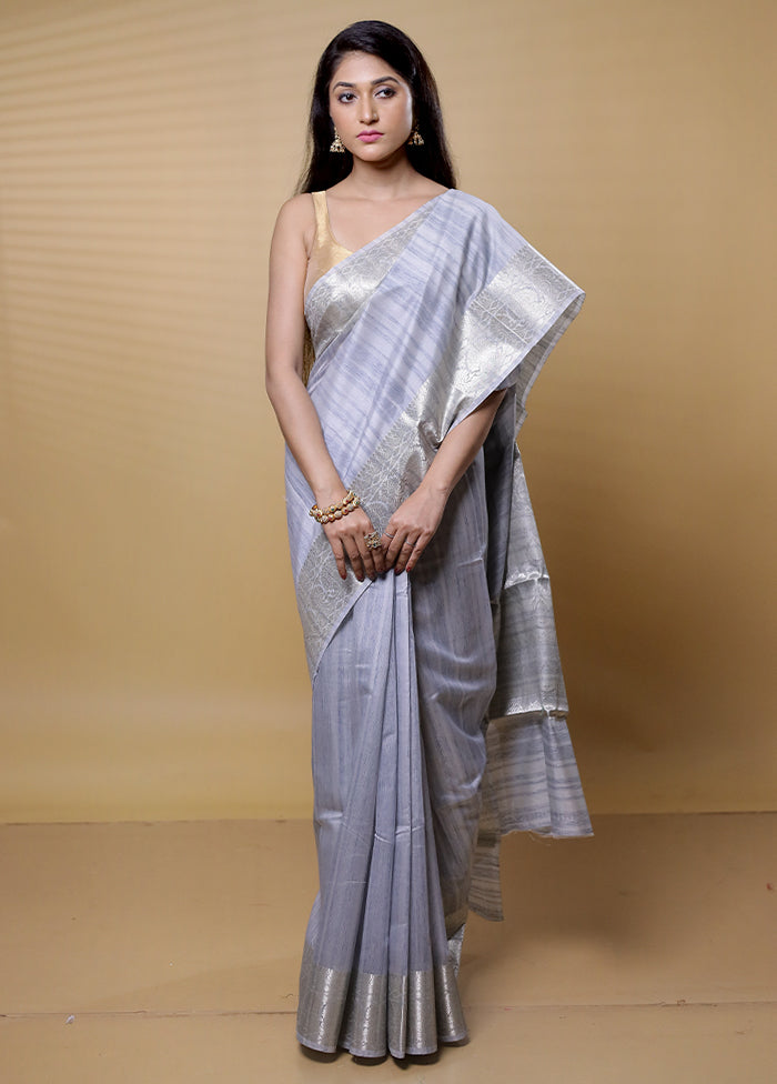 Grey Dupion Silk Saree With Blouse Piece