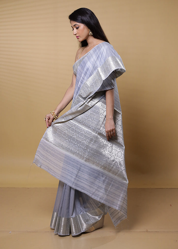 Grey Dupion Silk Saree With Blouse Piece