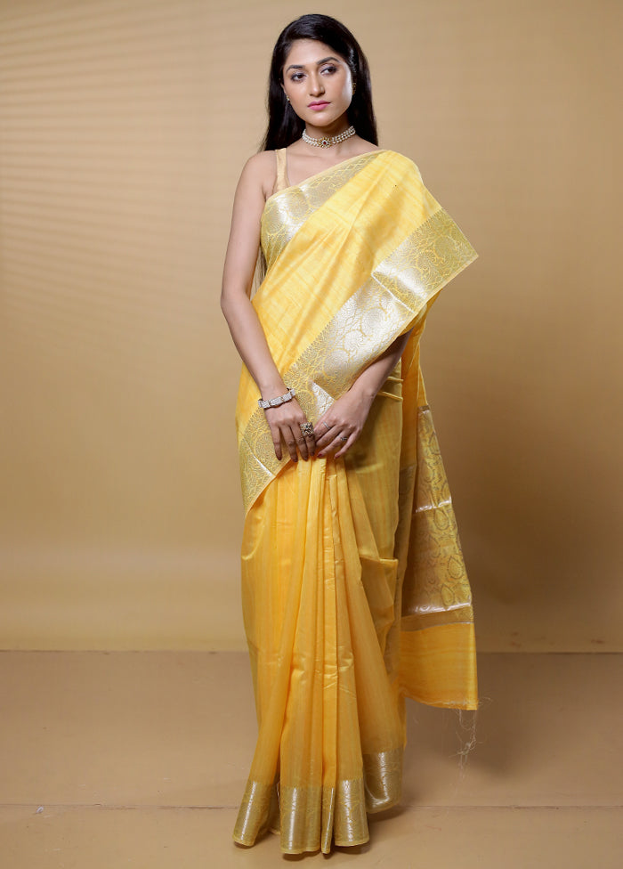 Yellow Dupion Silk Saree With Blouse Piece