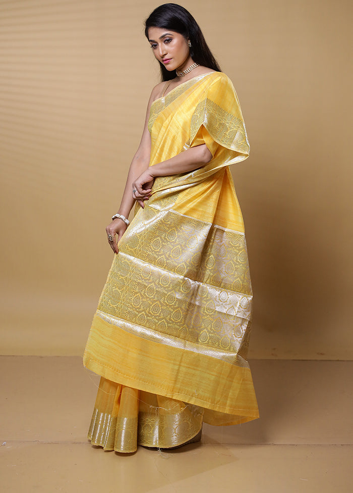 Yellow Dupion Silk Saree With Blouse Piece