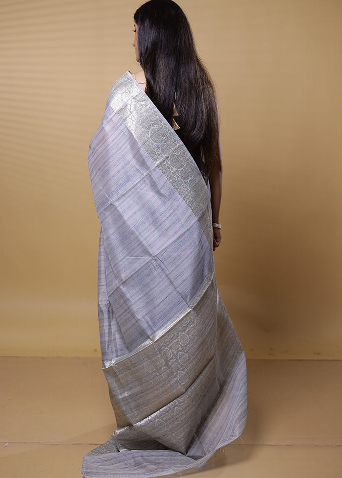 Grey Dupion Silk Saree With Blouse Piece