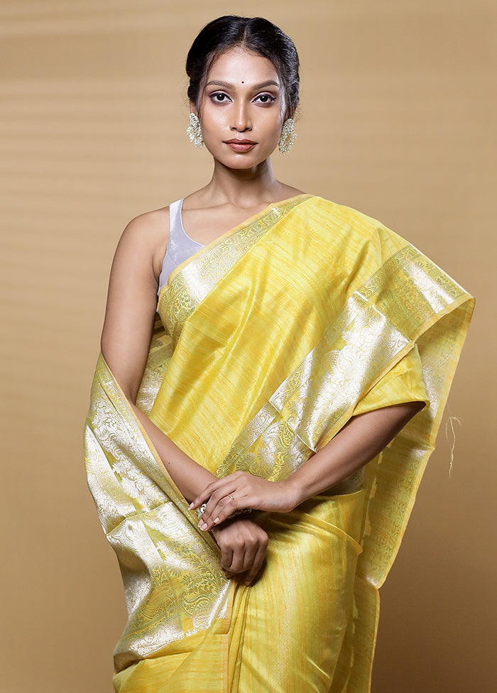 Yellow Dupion Silk Saree With Blouse Piece