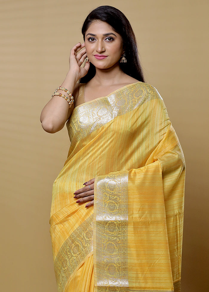 Yellow Dupion Silk Saree With Blouse Piece