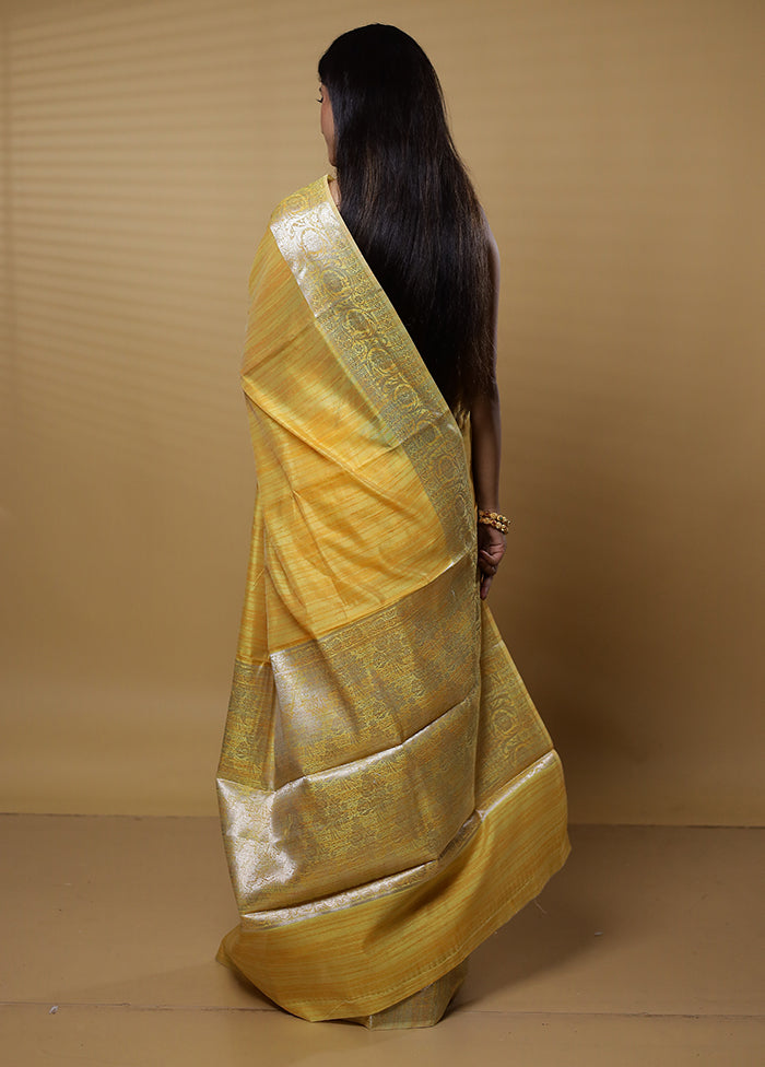 Yellow Dupion Silk Saree With Blouse Piece