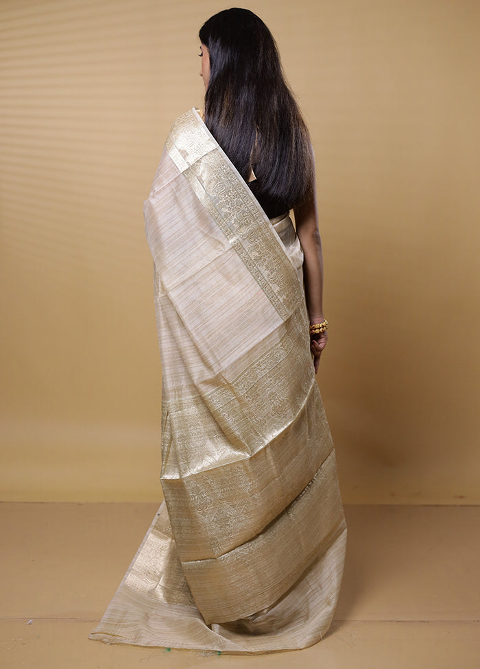 Cream Dupion Silk Saree With Blouse Piece