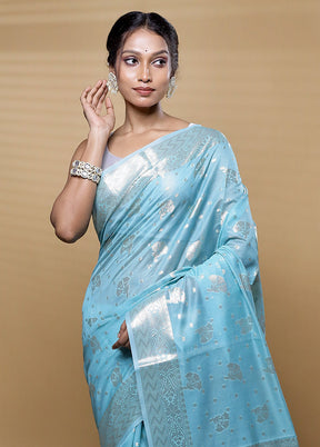 Blue Dupion Silk Saree With Blouse Piece