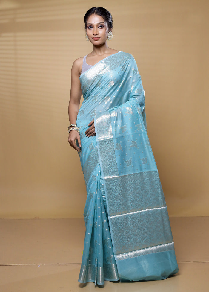 Blue Dupion Silk Saree With Blouse Piece