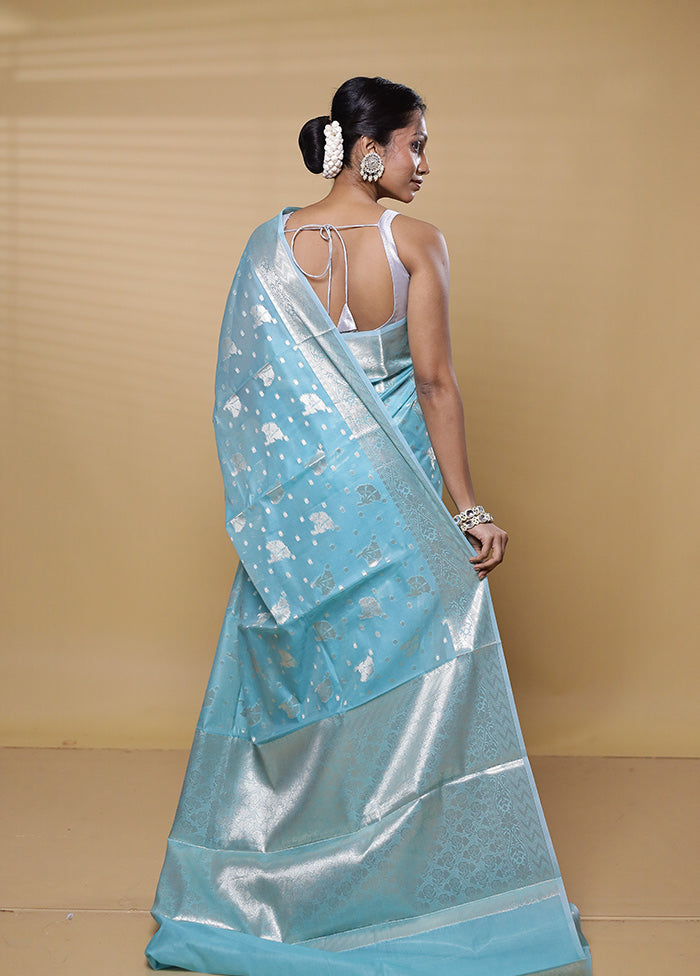 Blue Dupion Silk Saree With Blouse Piece