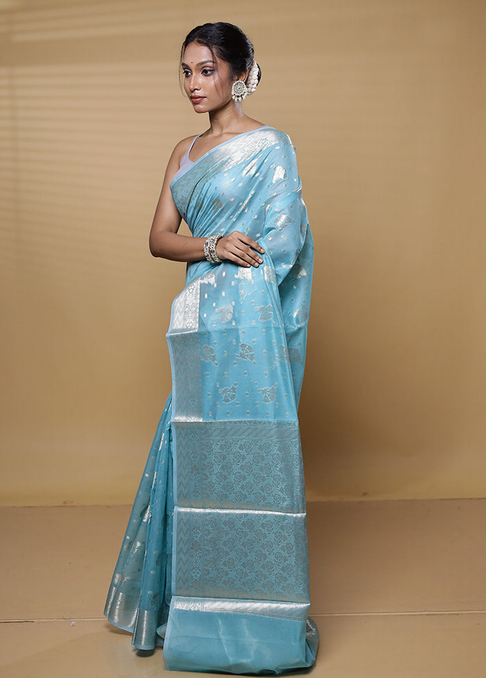 Blue Dupion Silk Saree With Blouse Piece