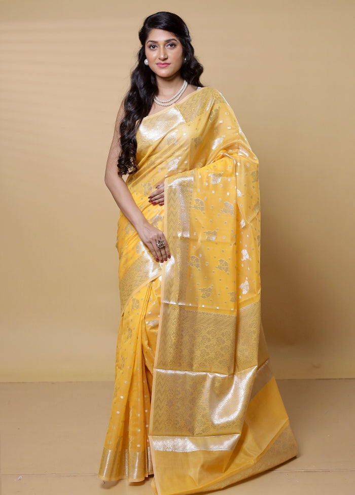 Yellow Dupion Silk Saree With Blouse Piece