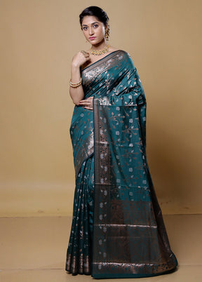 Blue Dupion Silk Saree With Blouse Piece