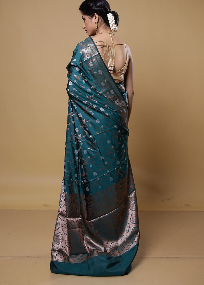 Blue Dupion Silk Saree With Blouse Piece