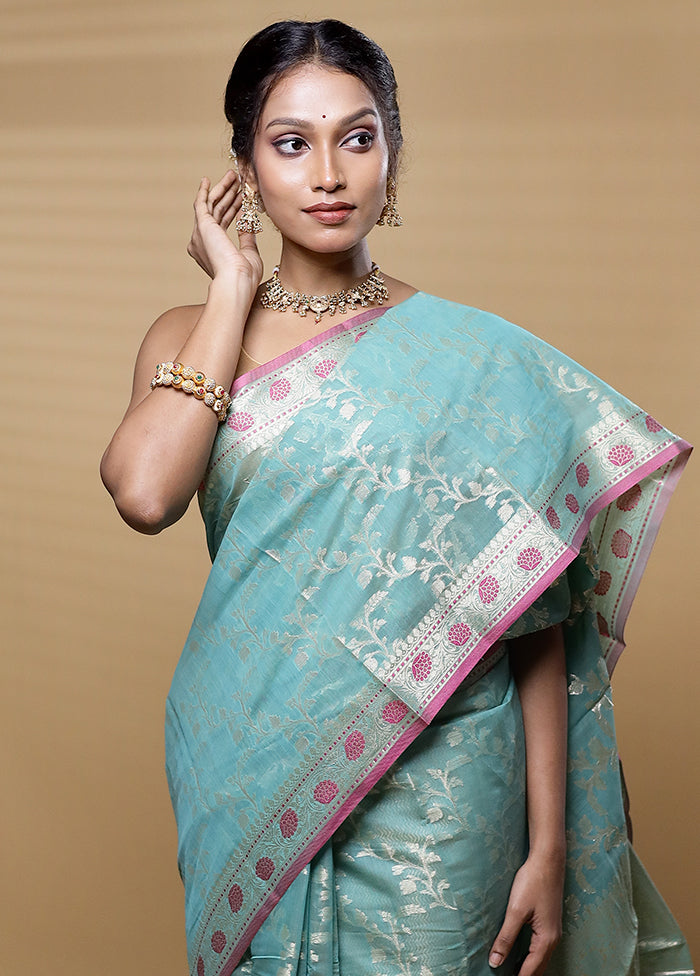 Blue Kora Silk Saree With Blouse Piece