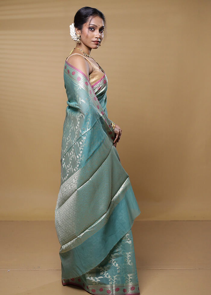 Blue Kora Silk Saree With Blouse Piece