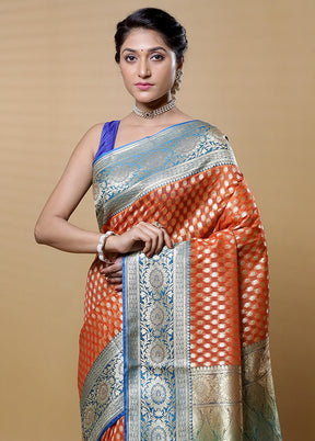 Orange Kora Silk Saree With Blouse Piece