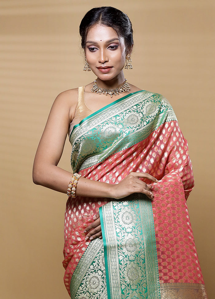 Peach Kora Silk Saree With Blouse Piece