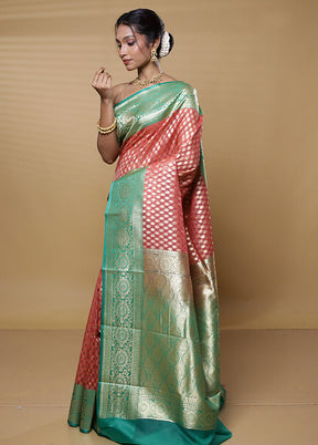 Peach Kora Silk Saree With Blouse Piece