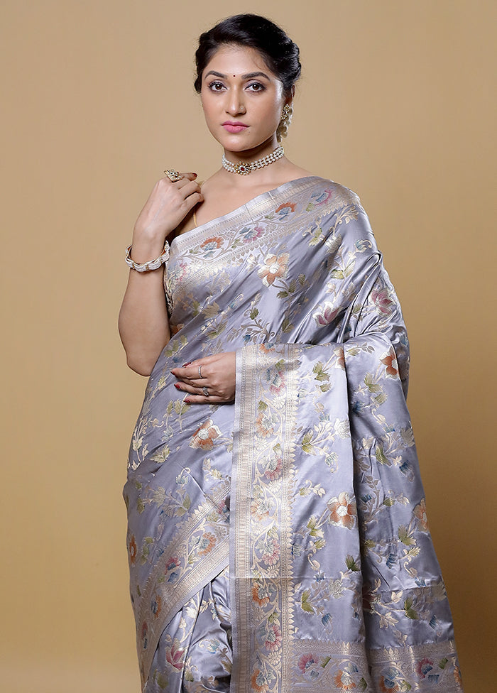 Grey Dupion Silk Saree With Blouse Piece