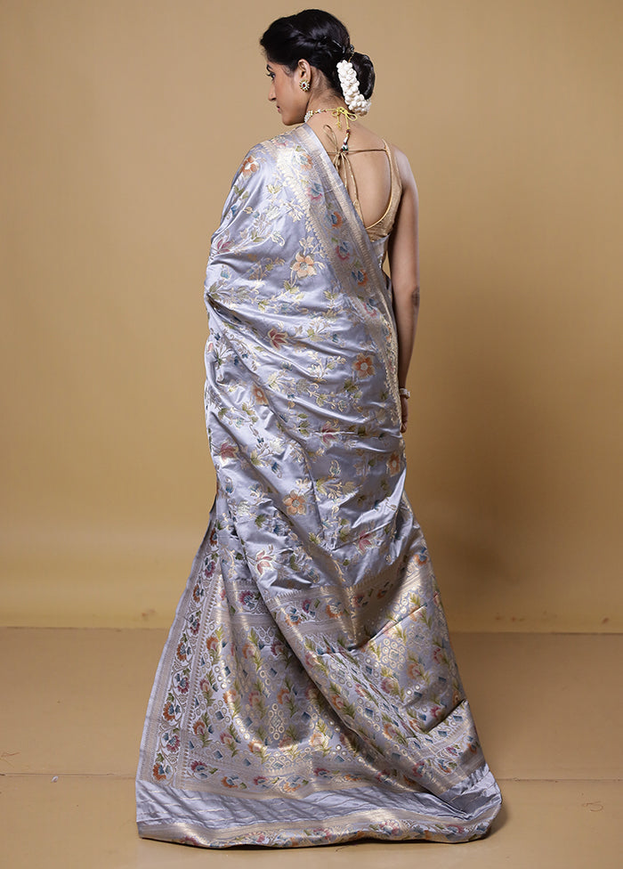 Grey Dupion Silk Saree With Blouse Piece