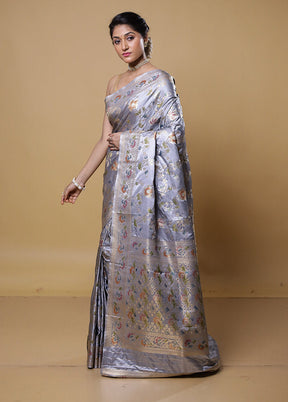 Grey Dupion Silk Saree With Blouse Piece